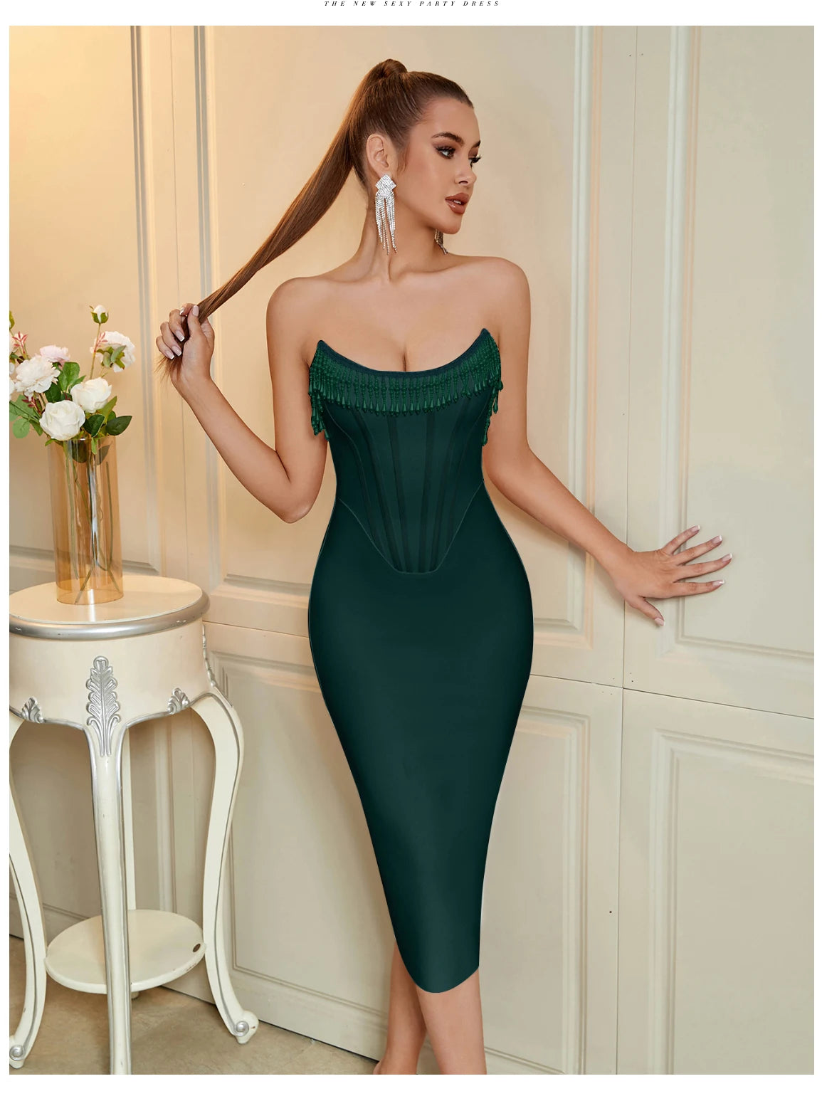 Women's Strapless Tassel Summer Sleeveless Elegant Club Evening Party Dress
