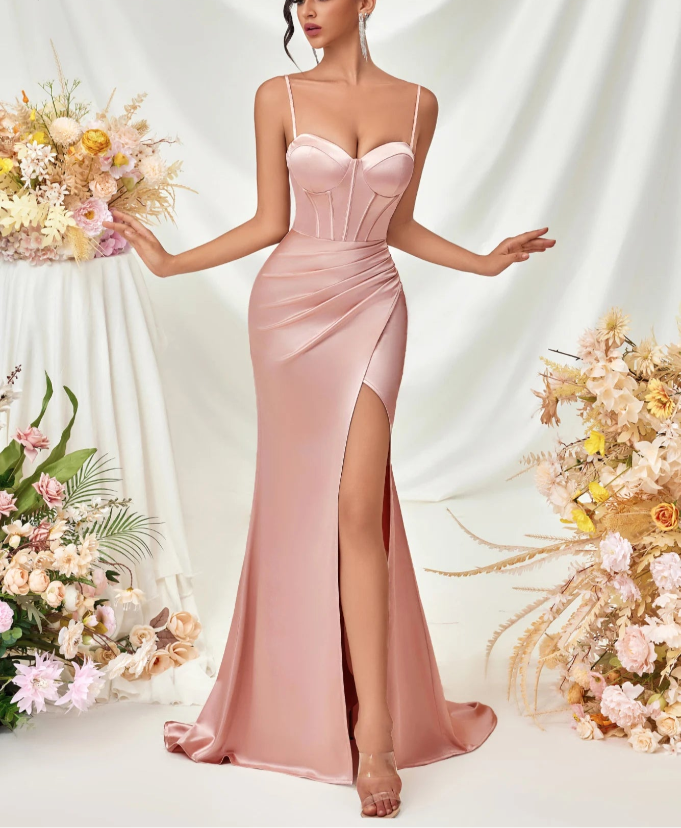 Women's Summer Fish Bone Trimmed Front Spaghetti Straps Evening Party Dress