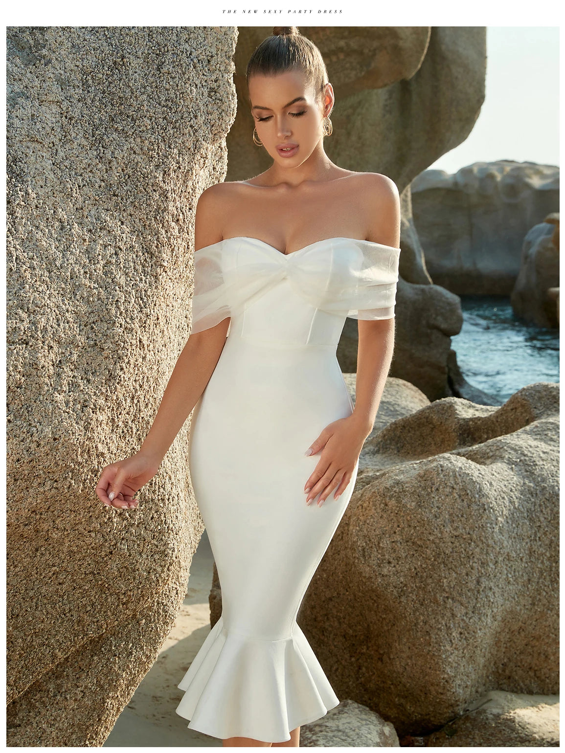 Women's Summer Mesh Midi Mermaid Bandage Off Shoulder Evening Dress
