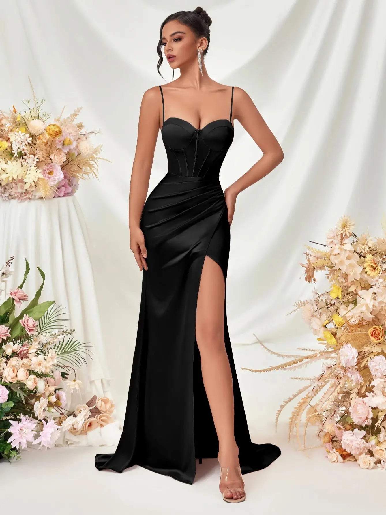 Women's Summer Fish Bone Trimmed Front Spaghetti Straps Evening Party Dress