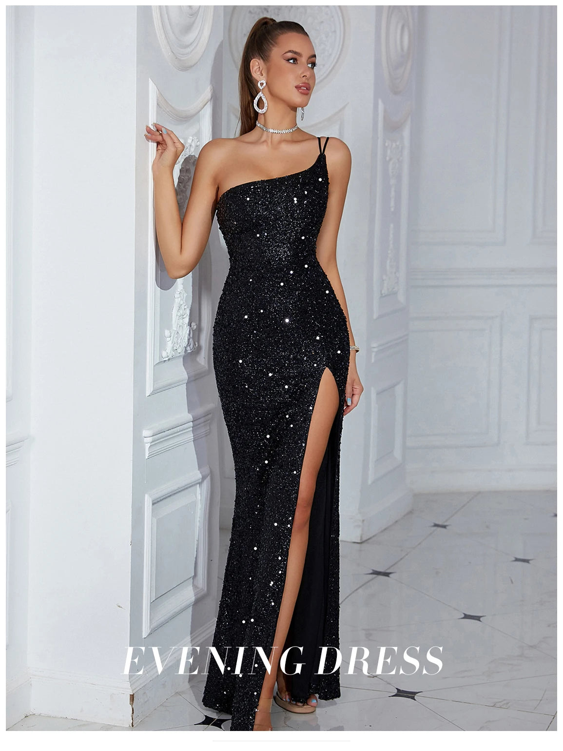Women's Summer One Shoulder Elegant Sequins Evening Party Maxi Bodycon Dress