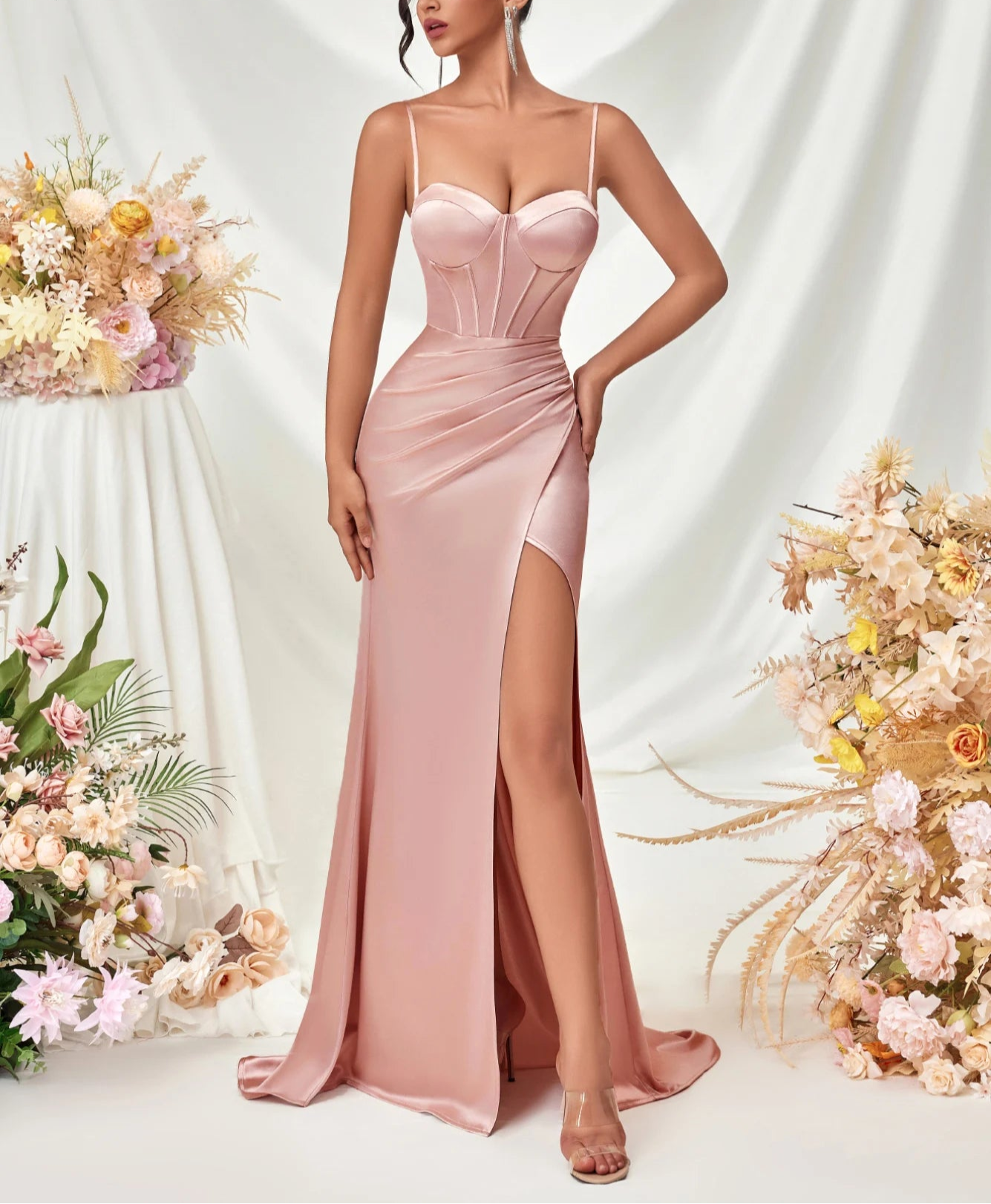 Women's Summer Fish Bone Trimmed Front Spaghetti Straps Evening Party Dress
