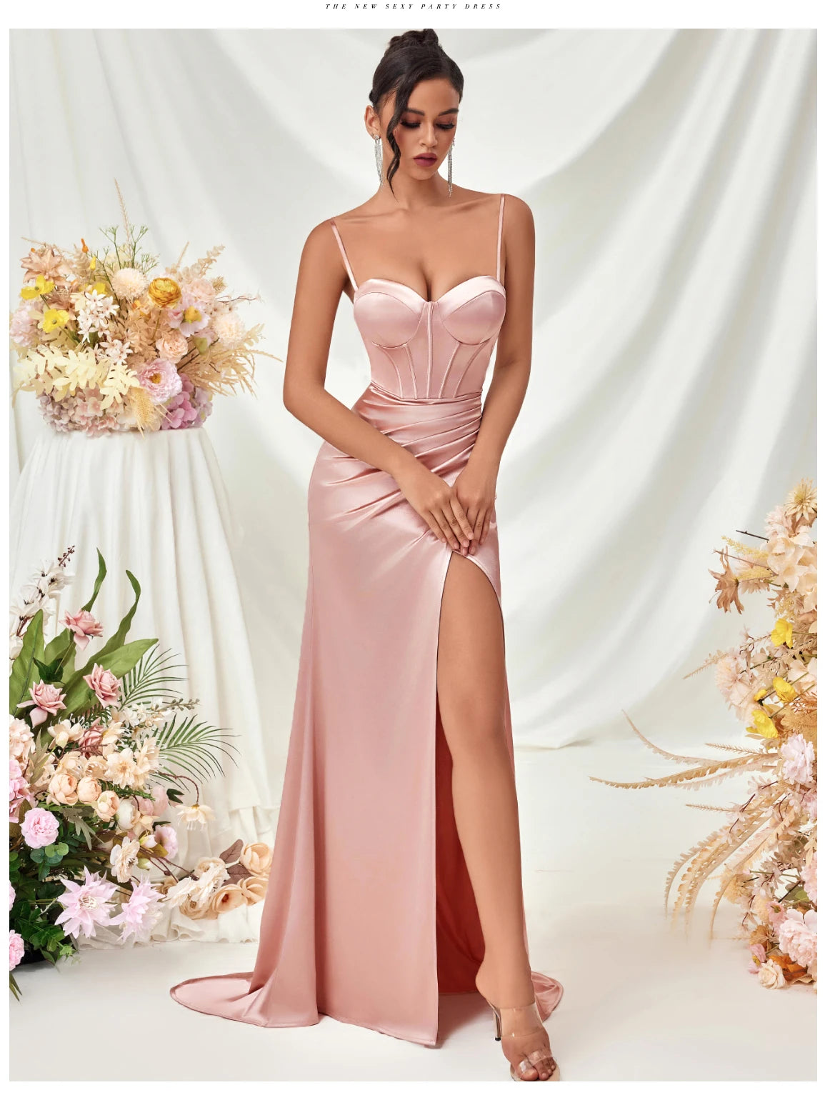 Women's Summer Fish Bone Trimmed Front Spaghetti Straps Evening Party Dress