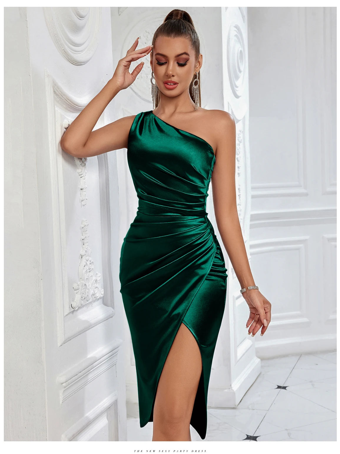 Women's Summer One Shoulder Drape Elegant High slit Bodycon Dress