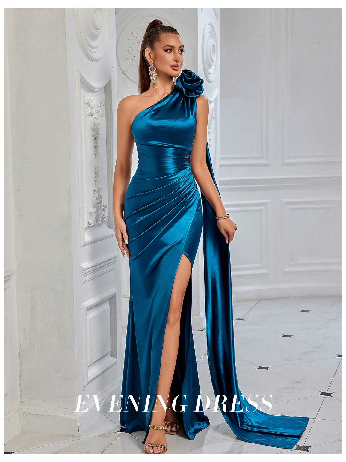 One Shoulder Maxi Dress with Floral Detail - High Slit Evening Gown