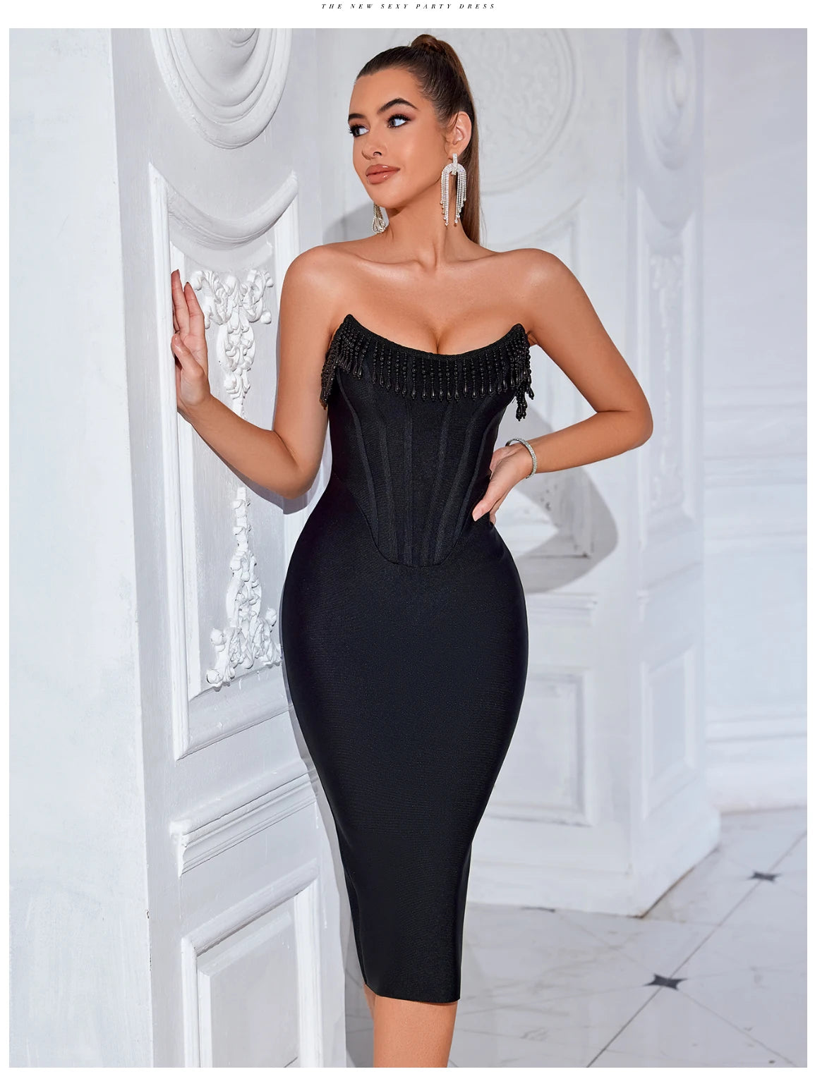 Women's Strapless Tassel Summer Sleeveless Elegant Club Evening Party Dress