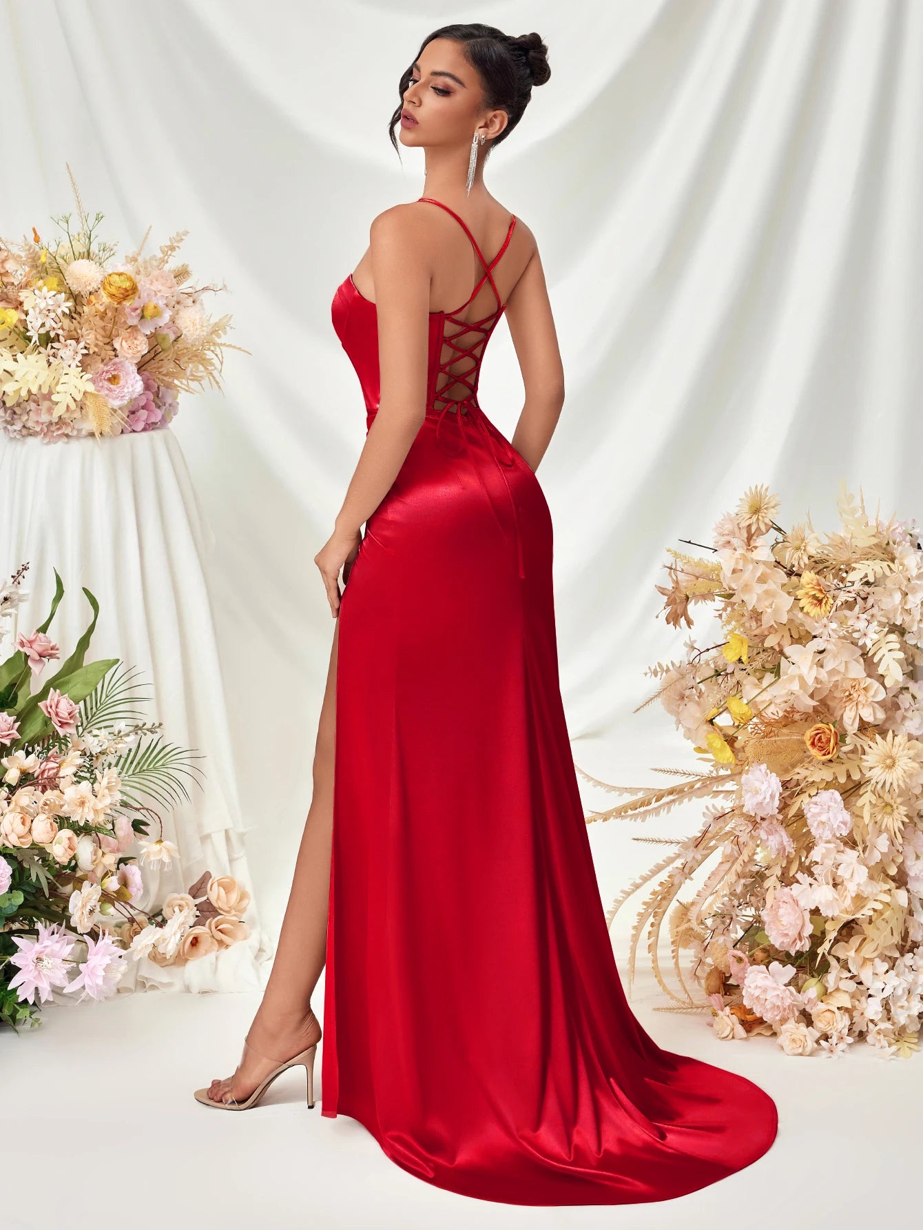Women's Summer Fish Bone Trimmed Front Spaghetti Straps Evening Party Dress