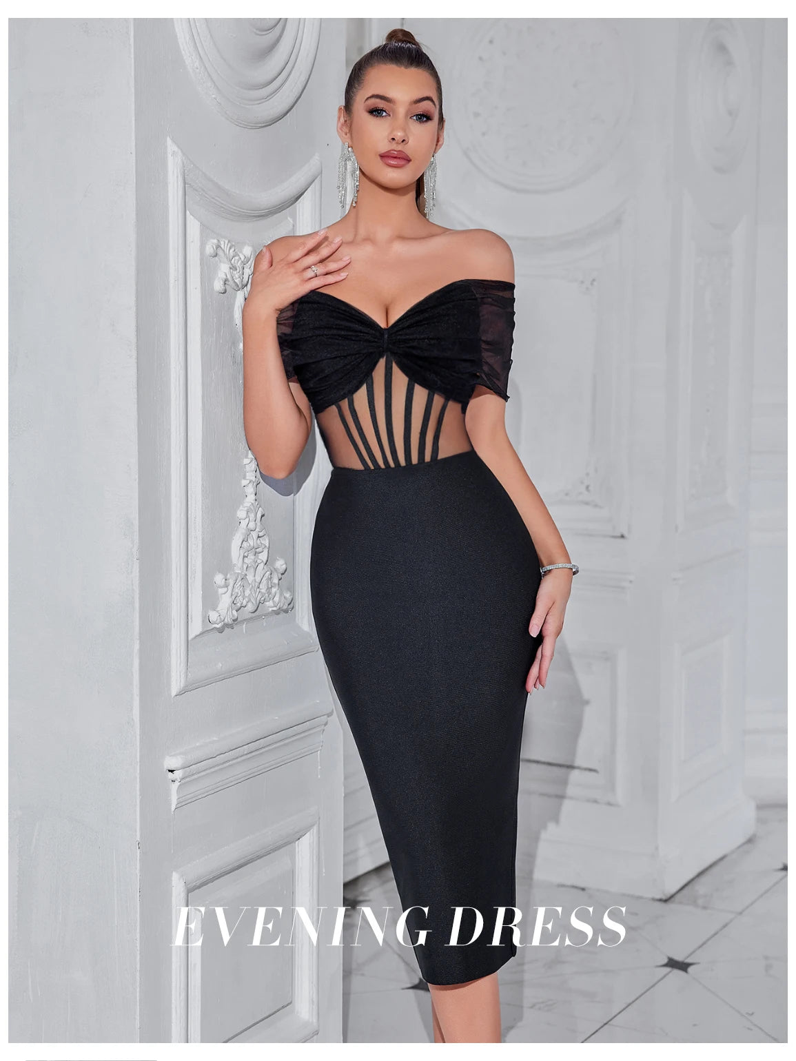 Women's Summer Mesh Hollow Out Bandage Off Shoulder Evening Elegant Dress