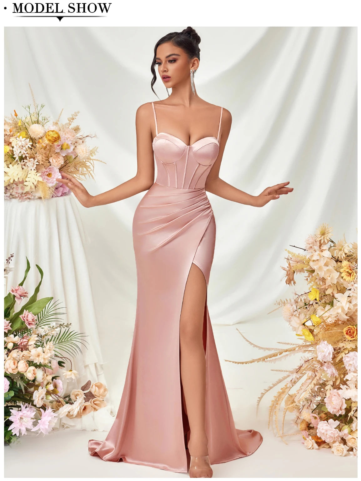 Women's Summer Fish Bone Trimmed Front Spaghetti Straps Evening Party Dress