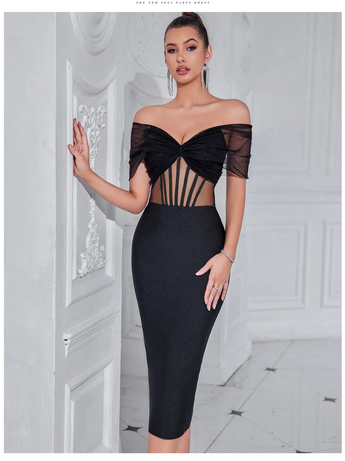 Women's Summer Mesh Hollow Out Bandage Off Shoulder Evening Elegant Dress