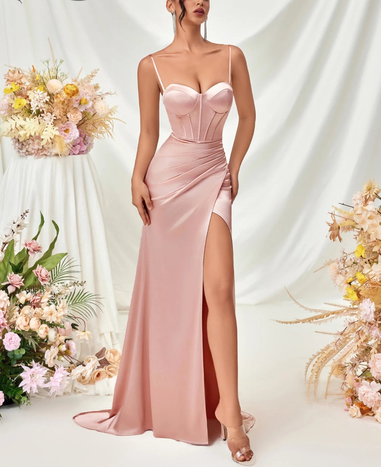 Women's Summer Fish Bone Trimmed Front Spaghetti Straps Evening Party Dress