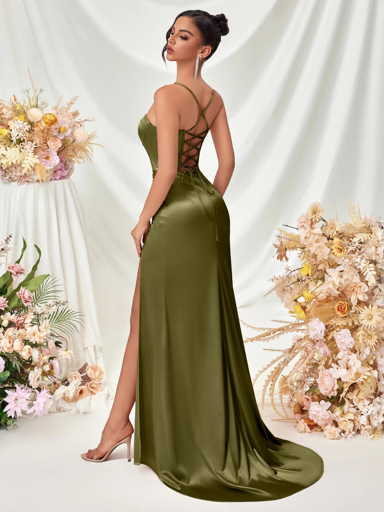 Women's Summer Fish Bone Trimmed Front Spaghetti Straps Evening Party Dress