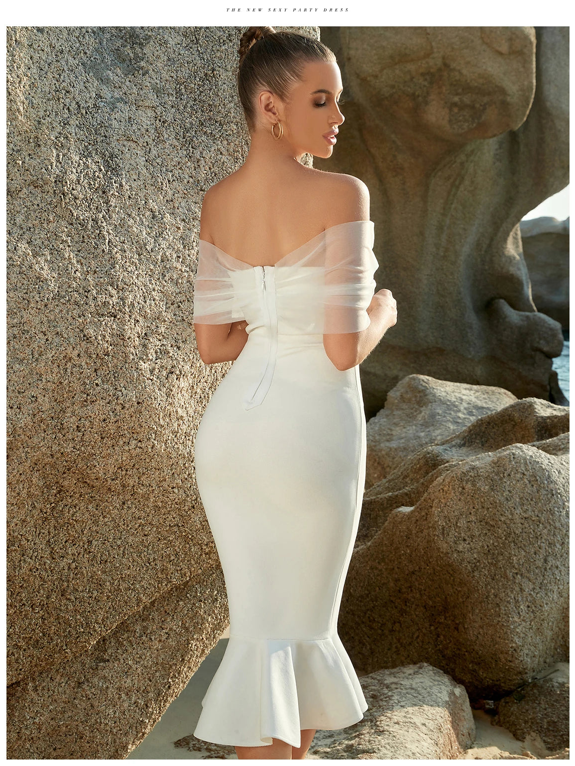 Women's Summer Mesh Midi Mermaid Bandage Off Shoulder Evening Dress