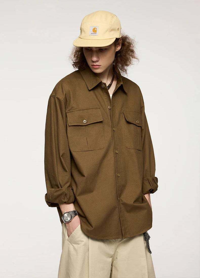 Men's Turn-Down Collar Long Sleeve Blouses Pockets Single-Breasted Vintage Cotton Casual Shirt