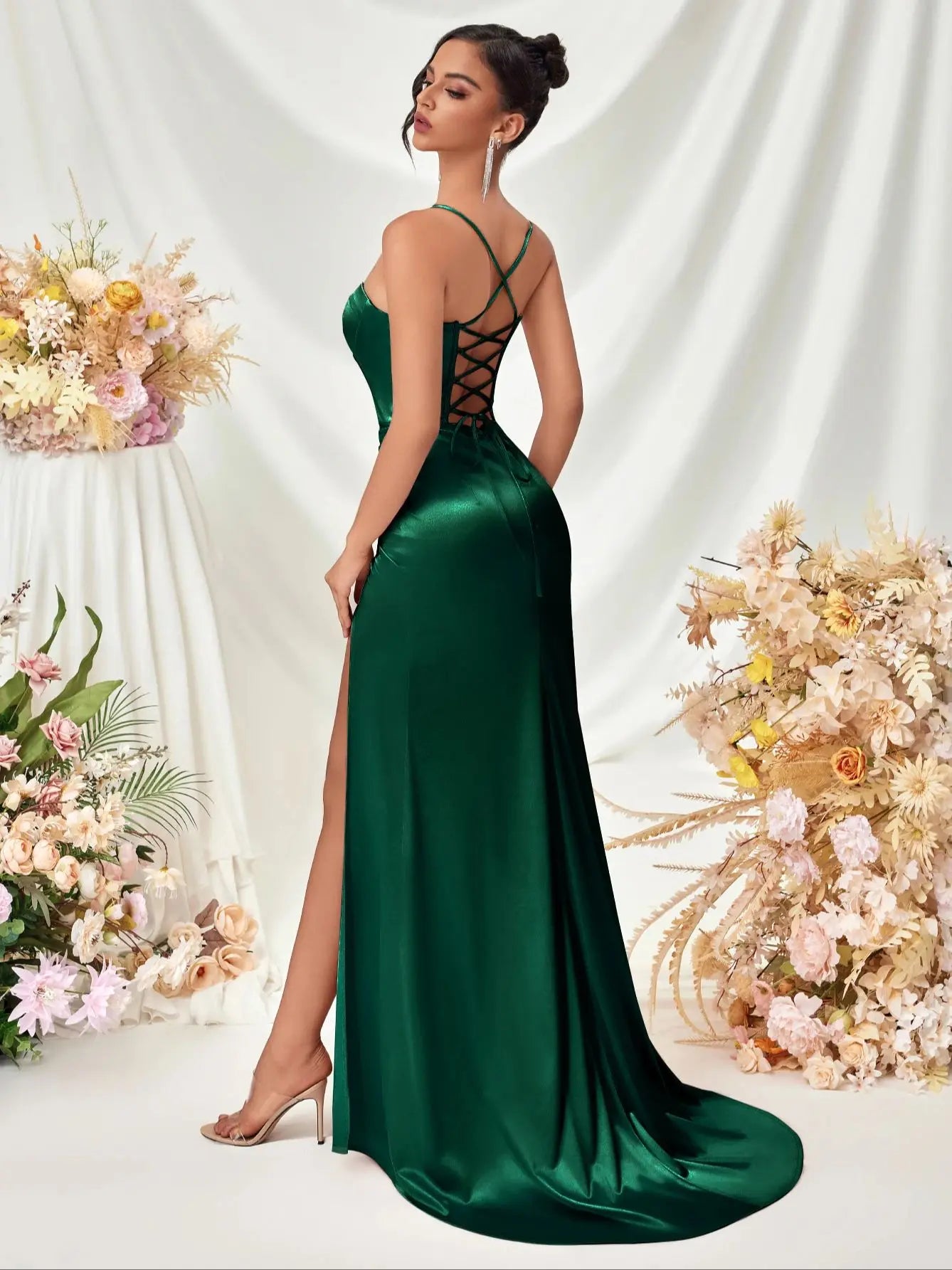 Women's Summer Fish Bone Trimmed Front Spaghetti Straps Evening Party Dress