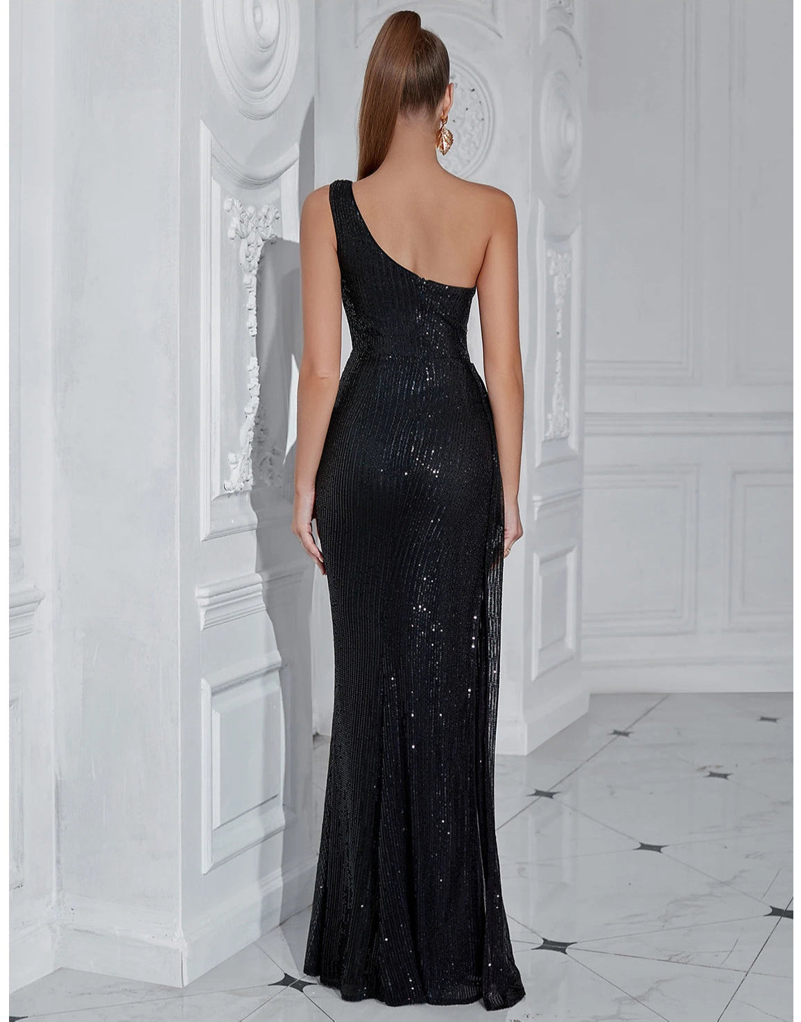Women's Summer One Shoulder High slit Elegant Sequins Evening Party Bodycon Dress