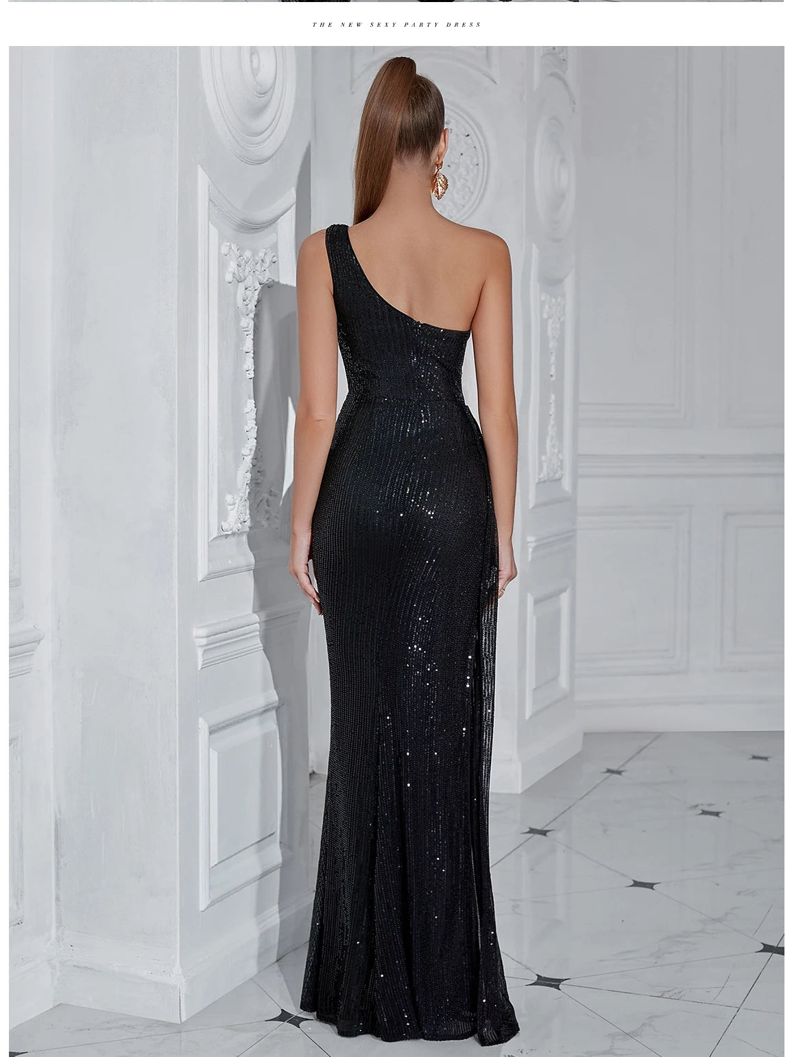 Women's Summer One Shoulder High Slit Elegant Sequins Evening Party Dress