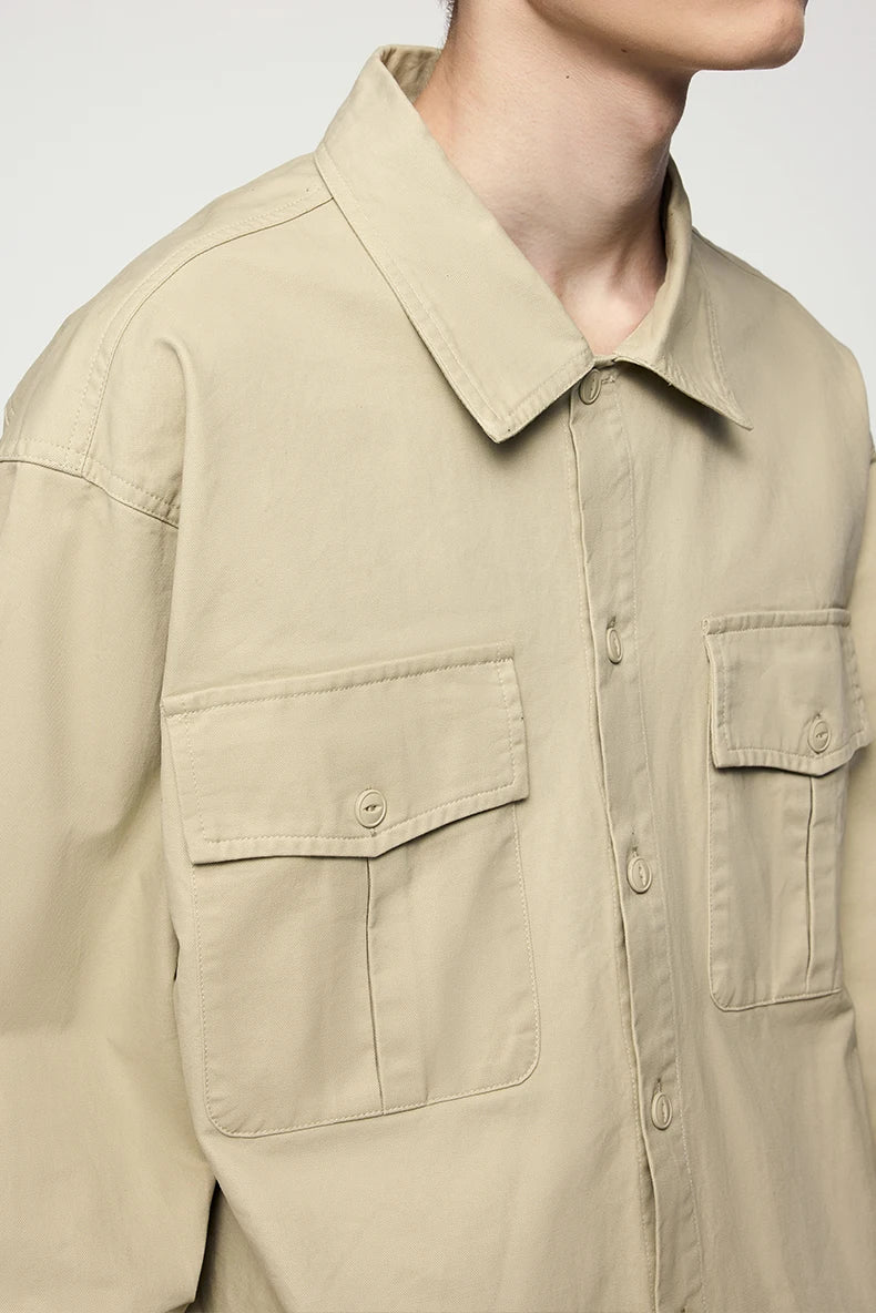 Men's Turn-Down Collar Long Sleeve Blouses Pockets Single-Breasted Vintage Cotton Casual Shirt
