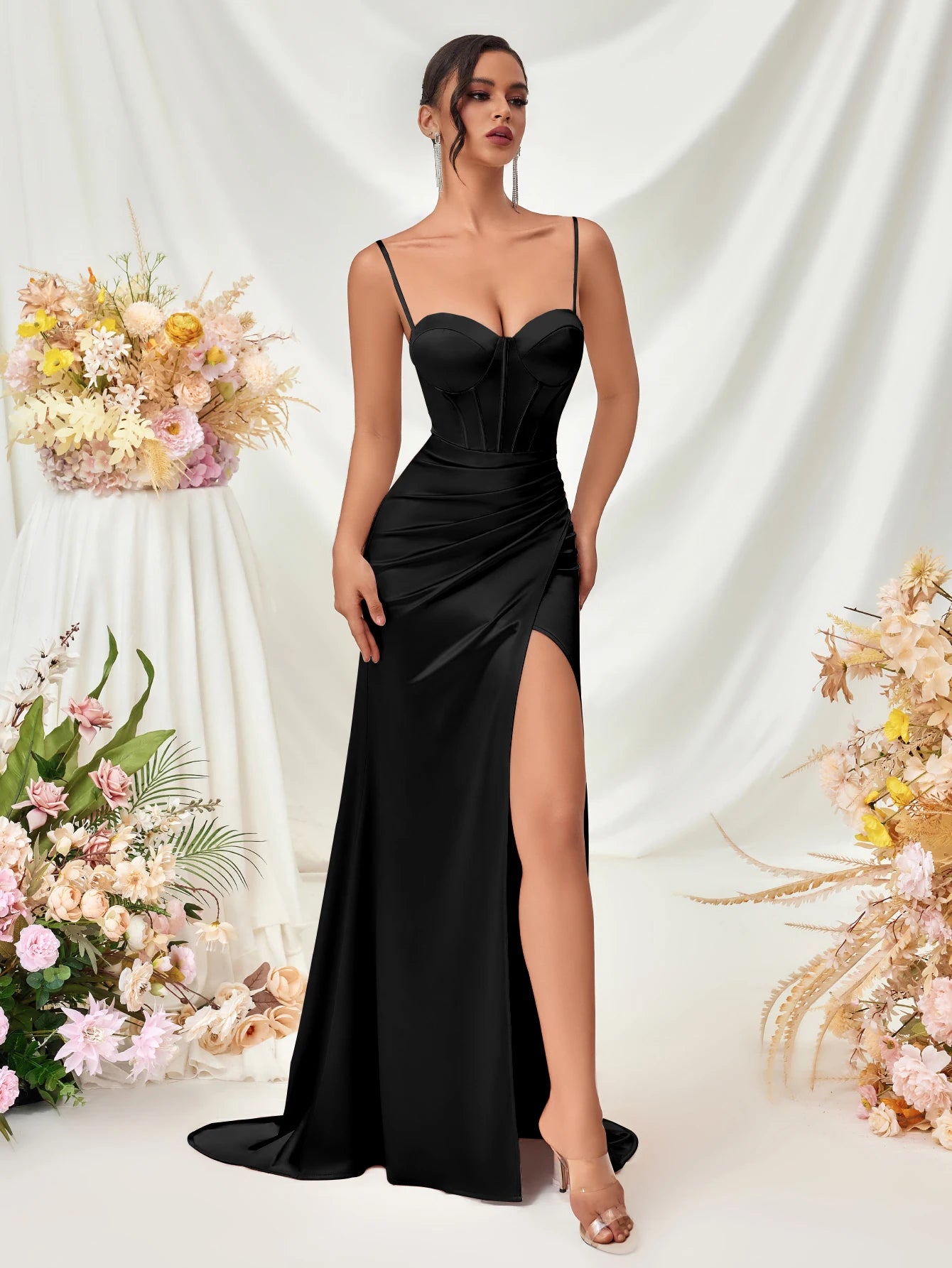 Women's Summer Fish Bone Trimmed Front Spaghetti Straps Evening Party Dress