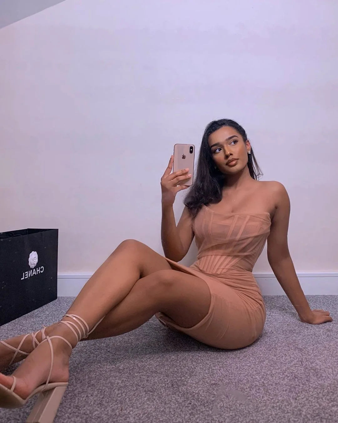 Women's Corset Bustier Bone Ruched Mesh Midi Dress - Backless Strapless Bodycon Dress