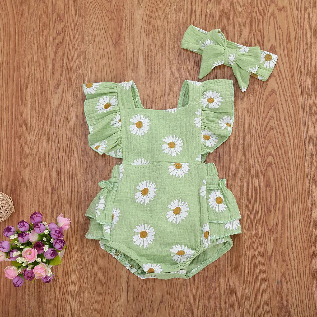Newborn Baby Bodysuit with Headband - Floral Print Short Sleeve Backless Jumpsuit