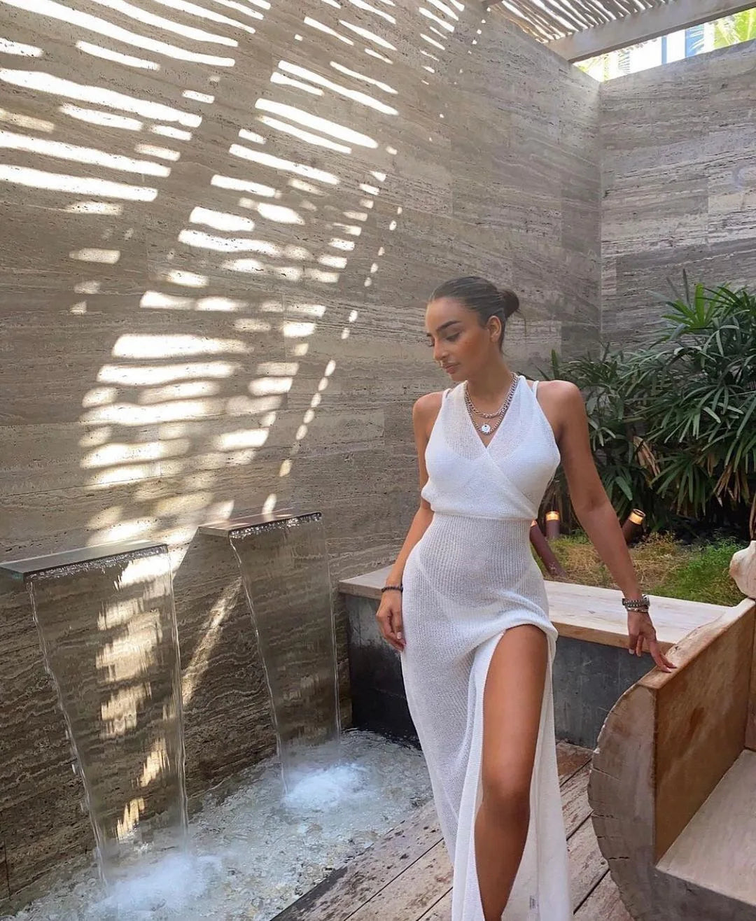 Women's Crochet Beach Maxi See Through Plunge Backless Bandage Sleeveless Lacing Split Long Dresses