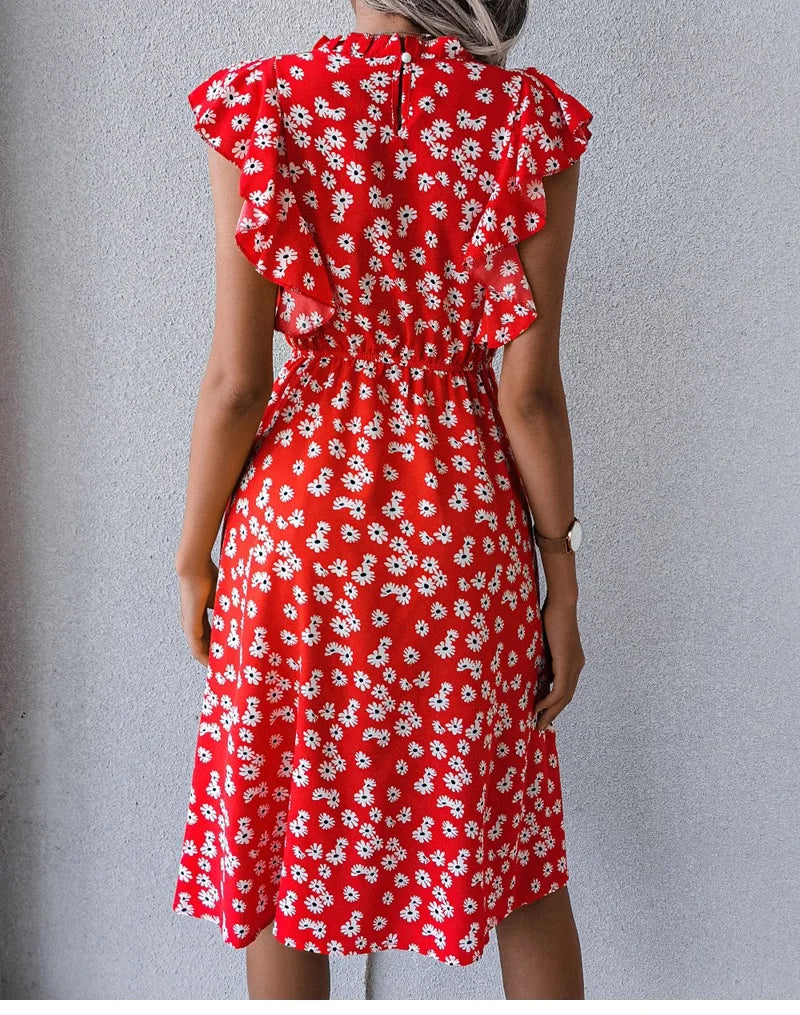 Women's Vintage Butterfly Sleeve Ruffles Heart Dot Print Medium Long Chiffon Spring Summer Dress