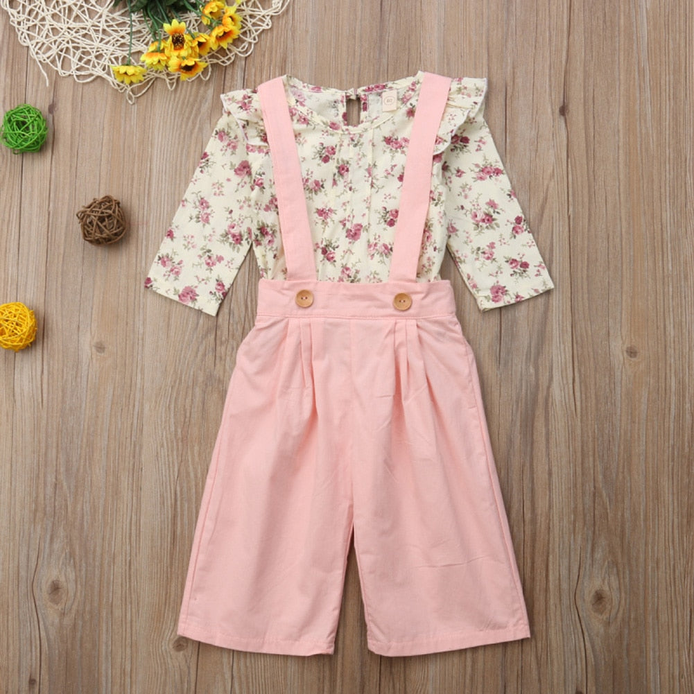 Girl's Floral Top and Jumpsuit 2PCS outfit Set