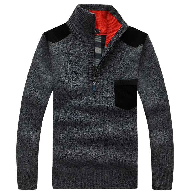 Men's Knitted Wool Fleece Thick Casual Pullover Patchwork Warm Pocket Standing Collar Sweater
