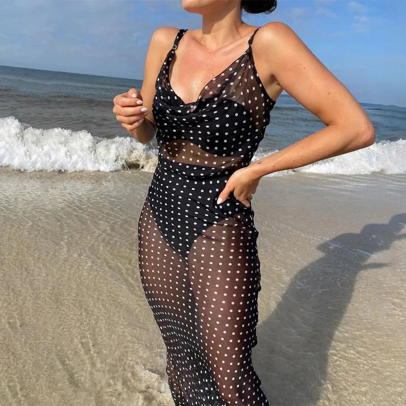 Women's Spaghetti Strap Polka Dot Maxi Backless  Mesh See Through Dress