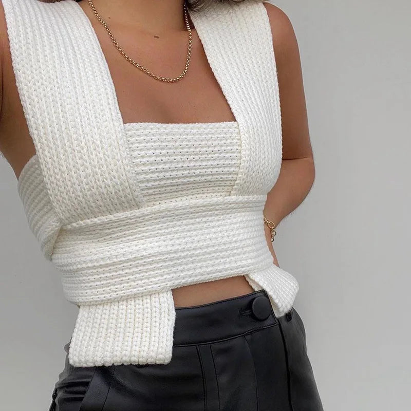 Women's Fall Winter Knitted Crop Top Sleeveless Pullover Bandage Sweater