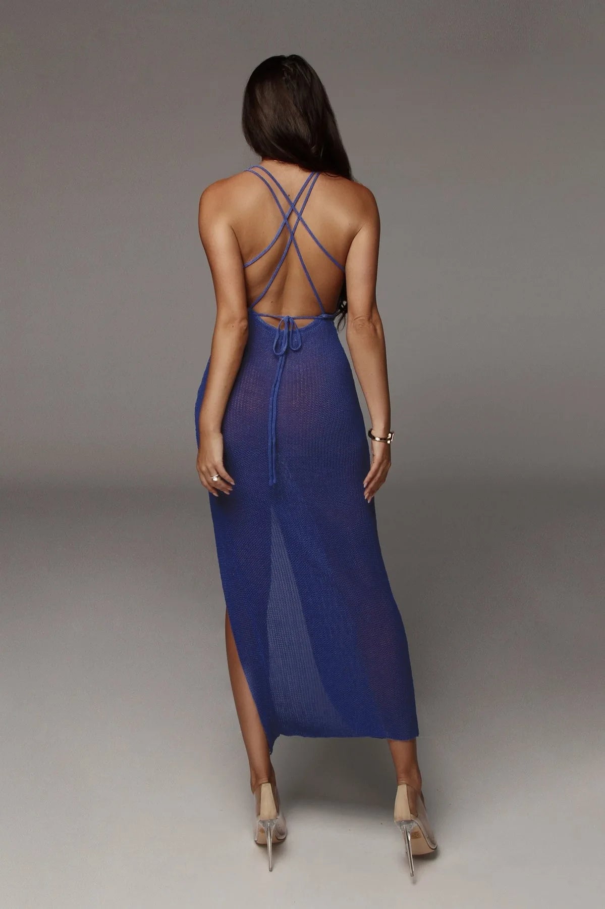 Women's Crochet Beach Maxi See Through Plunge Backless Bandage Sleeveless Lacing Split Long Dresses