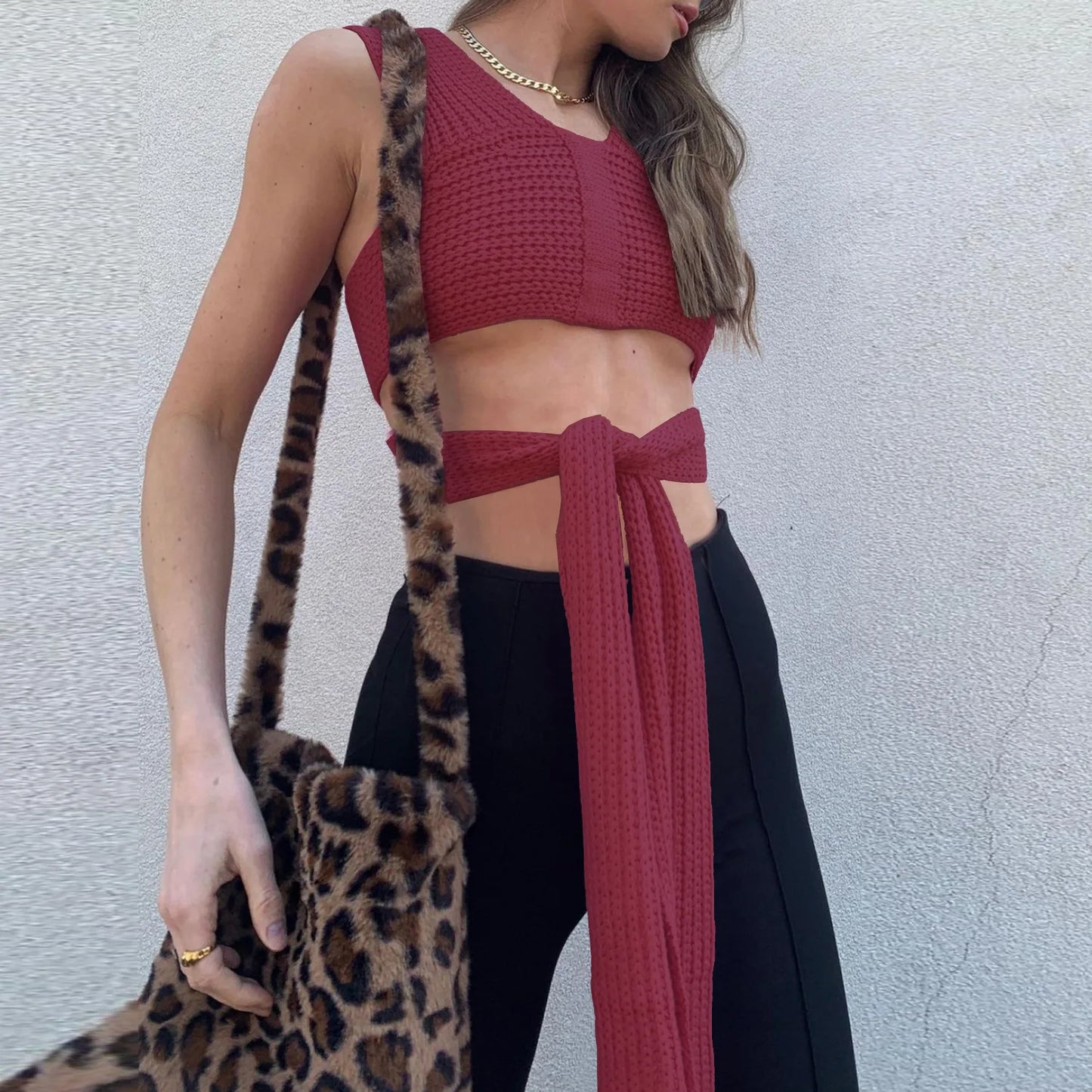 Women's Fall Winter Knitted Crop Top Sleeveless Pullover Bandage Sweater