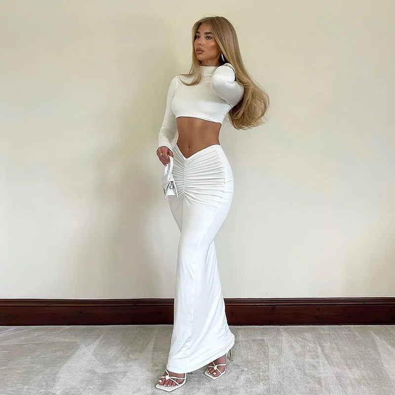 Women's Long Sleeve 2 Piece Set Outfit -Top and Dress Sets Long Ruched Matching Set
