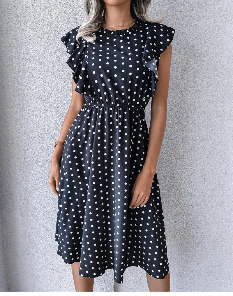 Women's Vintage Butterfly Sleeve Ruffles Heart Dot Print Medium Long Chiffon Spring Summer Dress
