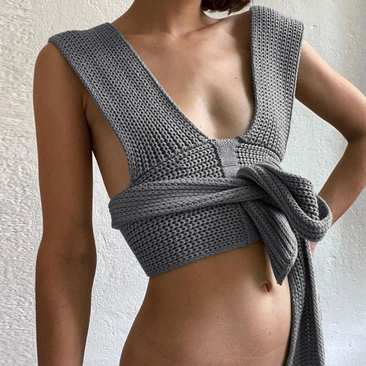 Women's Fall Winter Knitted Crop Top Sleeveless Pullover Bandage Sweater