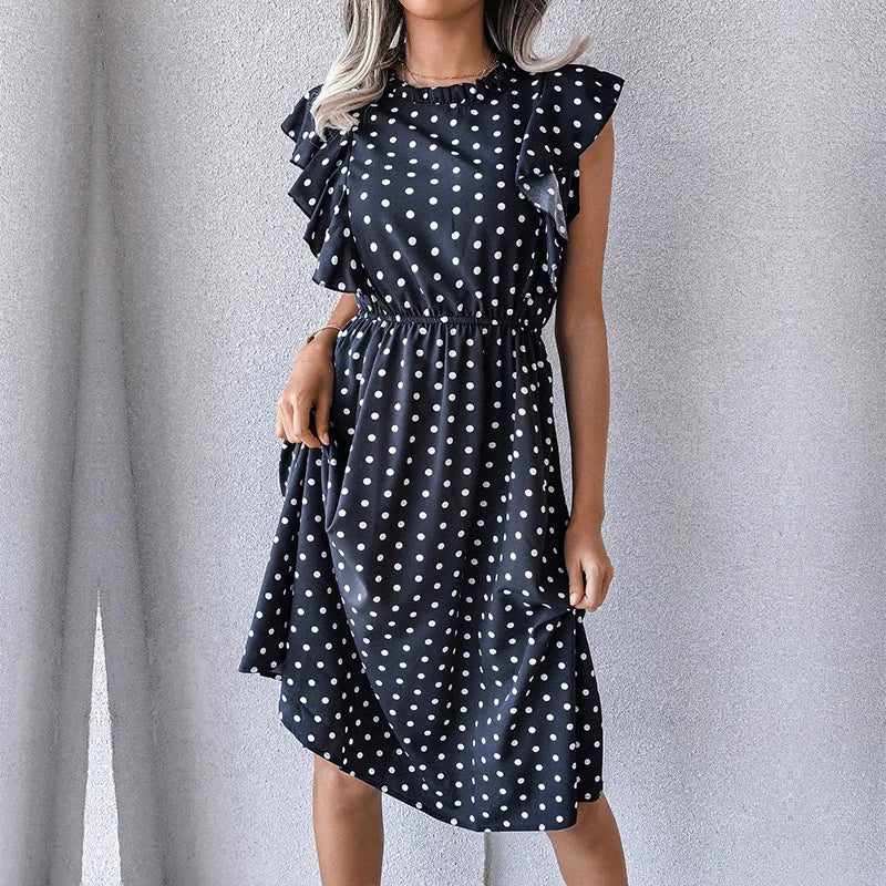 Women's Vintage Butterfly Sleeve Ruffles Heart Dot Print Medium Long Chiffon Spring Summer Dress