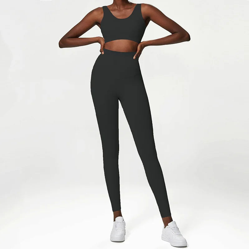 Women's 2 Pieces Fitness Sports Set Gym Bra Elasticity High Waist Leggings Athletic Wear Set