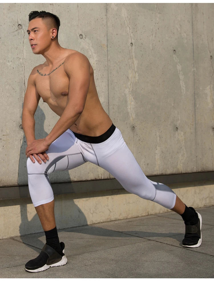 Men's Sports 3/4 Cropped Gym Running Leggings  Elastic Compressions Sweatpant Tights