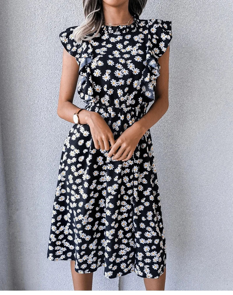 Women's Vintage Butterfly Sleeve Ruffles Heart Dot Print Medium Long Chiffon Spring Summer Dress