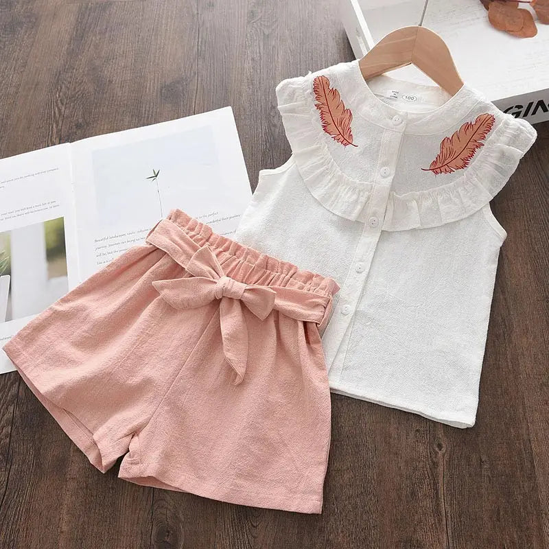 Girls Summer Feather Outfit Set - Sleeveless Top & Bandage Shorts
