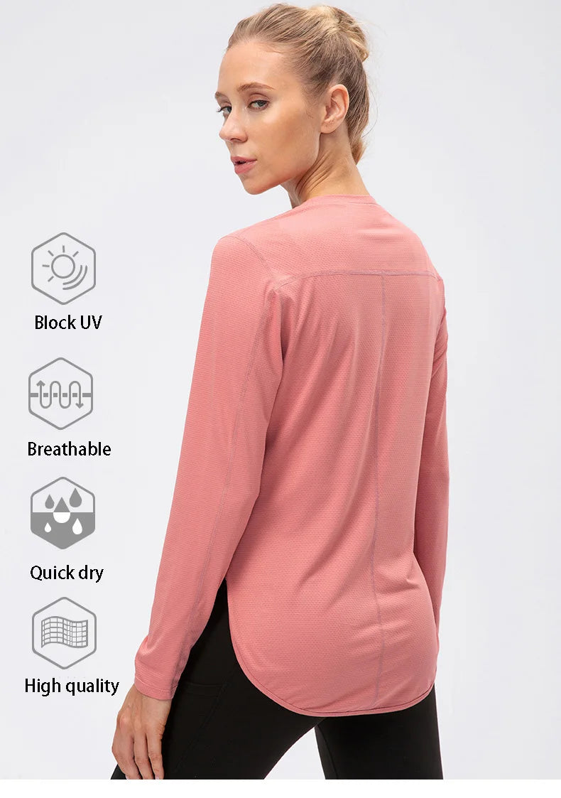 UPF50+ Women's Workout Shirt Loose Long Sleeve Sports Top Breathable Quick Dry Yoga Exercise Fitness Running Shirt