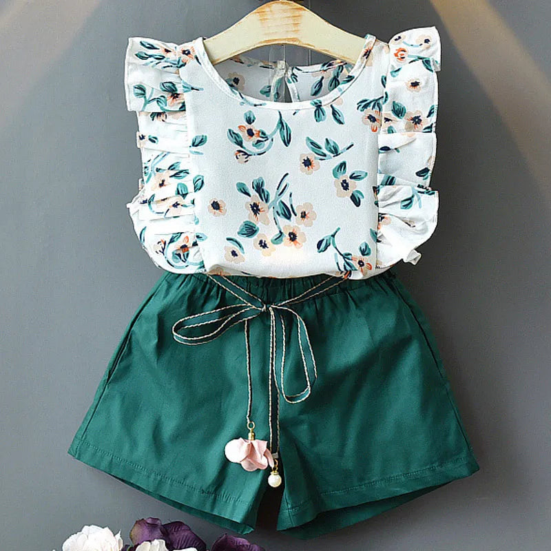 Girls Summer Feather Outfit Set - Sleeveless Top & Bandage Shorts
