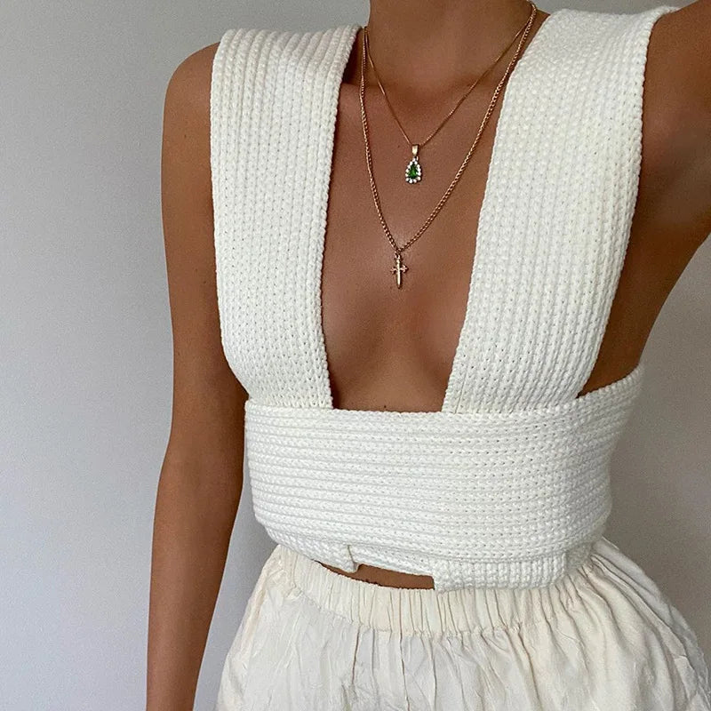 Women's Fall Winter Knitted Crop Top Sleeveless Pullover Bandage Sweater