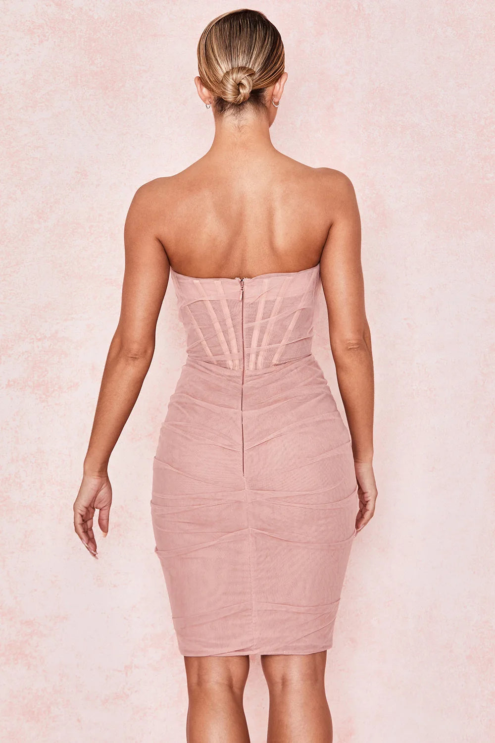 Women's Corset Bustier Bone Ruched Mesh Midi Dress - Backless Strapless Bodycon Dress