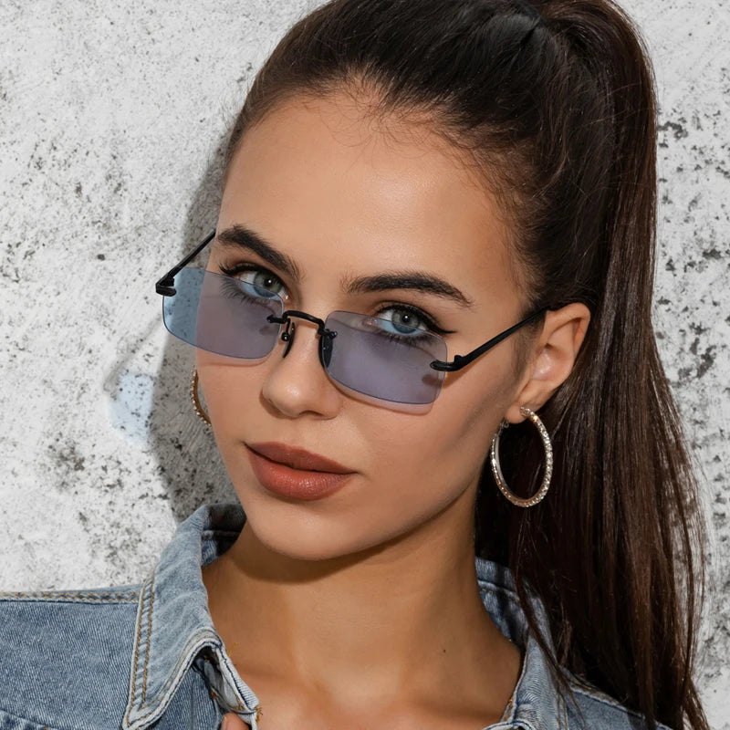 Small Rimless Square Sunglasses - UV400 Protection Metal Frame