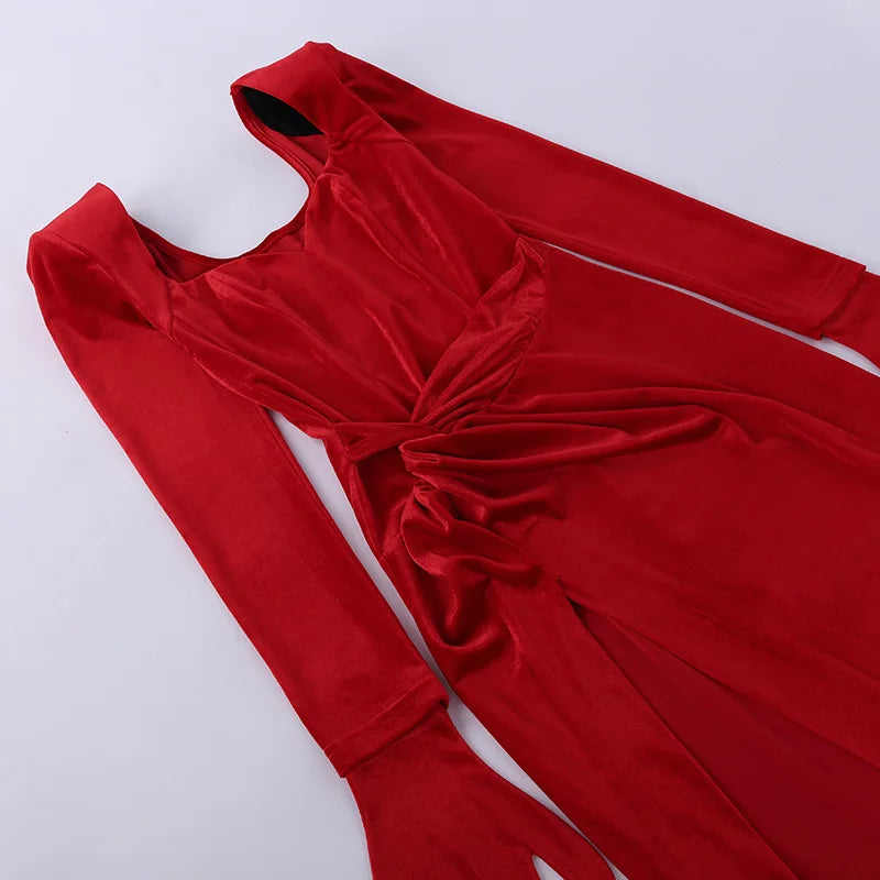 Women's Gown Long Dress - Gloves Sleeve Velvet Slit Maxi Ruched Dress