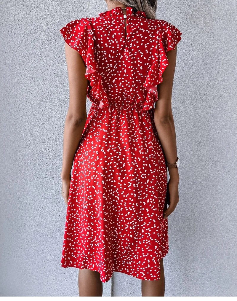 Women's Vintage Butterfly Sleeve Ruffles Heart Dot Print Medium Long Chiffon Spring Summer Dress