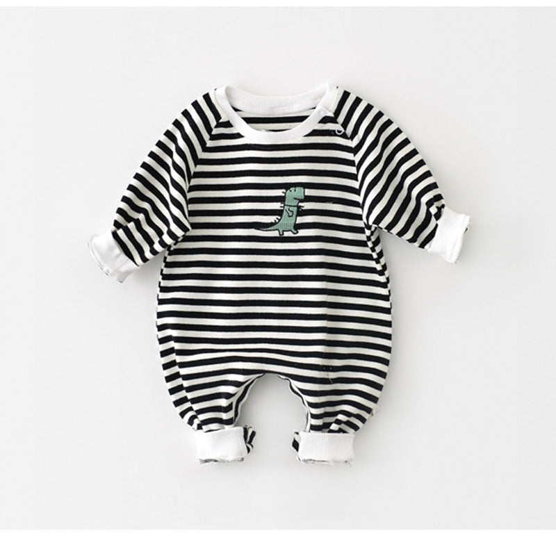 Baby's Striped Cotton Rompers Dinosaur Embroidery Babygrow