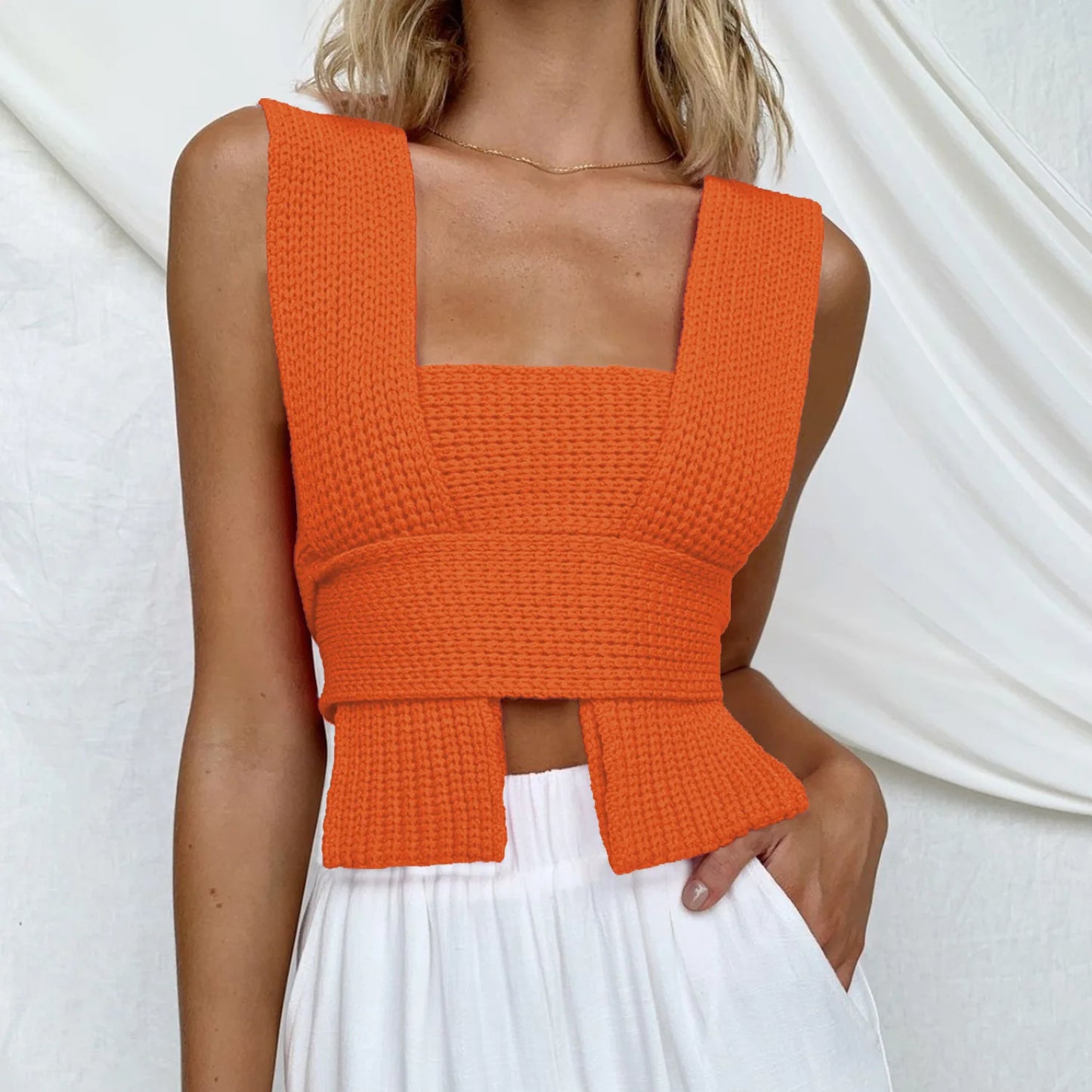 Women's Fall Winter Knitted Crop Top Sleeveless Pullover Bandage Sweater